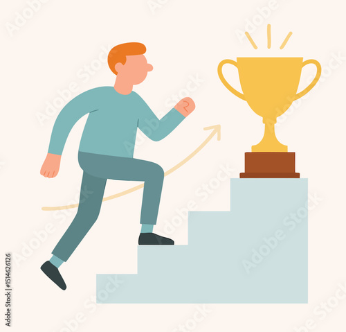 Flat Illustration of Man Climbing Stairs Towards a Golden Trophy Cup