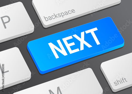 Close Up Next Button on Laptop or Computer Keyboard for Navigation, Forward Action, and 3D Interface Illustration