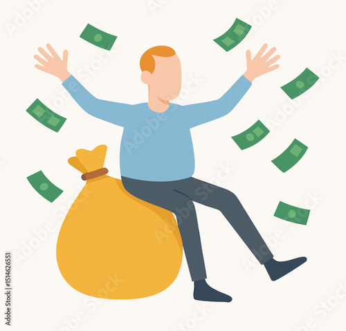 Flat Design Happy Man Sitting on Money Bag with Money Rain Illustration