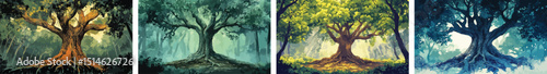 Four Seasons Tree in Forest Landscape Mighty Old Growth Tree with Large Root System Spring Summer Autumn Winter Concept Nature Background Digital Art Painting Illustration