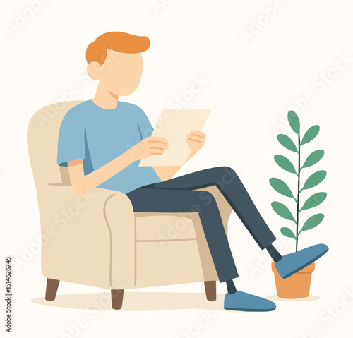Modern Flat Illustration of a Man Reading a Paper in Armchair