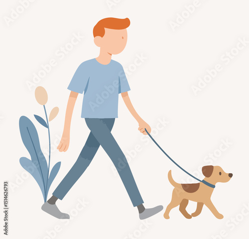 Simple Flat Illustration of a Young Man Walking a Dog Outdoor