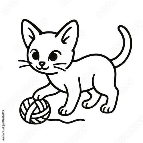 Abyssinian kitten playing with yarn ball in a simple line art style  