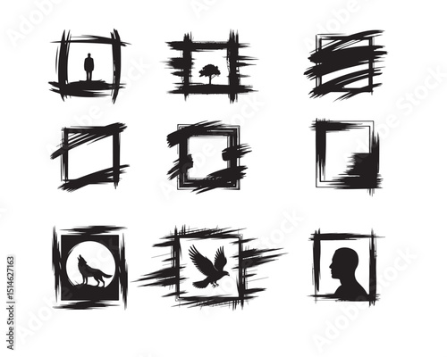 A collection of nine square frames with a textured, brushstroke style border.
