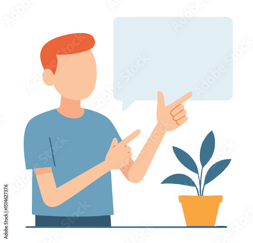 Flat Design Man Pointing Upwards with Speech Bubble and Plant Illustration
