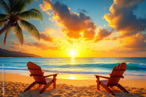 two adirondack chairs on the beach at sunset