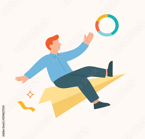 Flat Design Businessman Flying on Paper Airplane with Chart Graphic