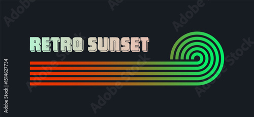 Vintage colorful sunset. Various gradient striped sunrise badges in 80s and 90s style. Sun and ocean view, summer vibes, surfing. Design element for print, logo or t-shirt. Vector illustration