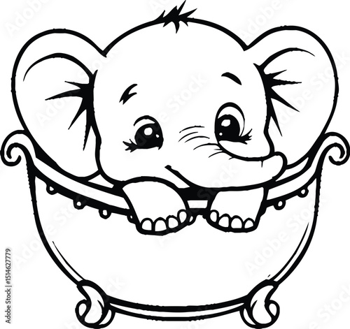 Adorable baby elephant taking a bath in a tub cute cartoon outline vector for kids coloring pages