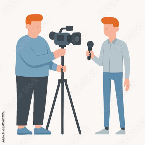 Flat Modern Cameraman and Interviewer Scene Professional Journalism Illustration