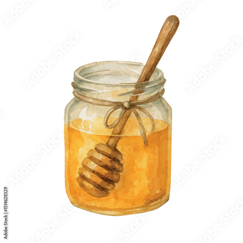 Vector freehand Watercolor illustration of a jar of honey. Hand drawn watercolour Honeyed. Honeybee for postcard design, packaging, logo