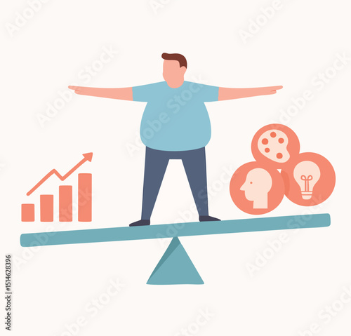 Flat Design Overweight Man Balancing Chart and Creativity Illustration