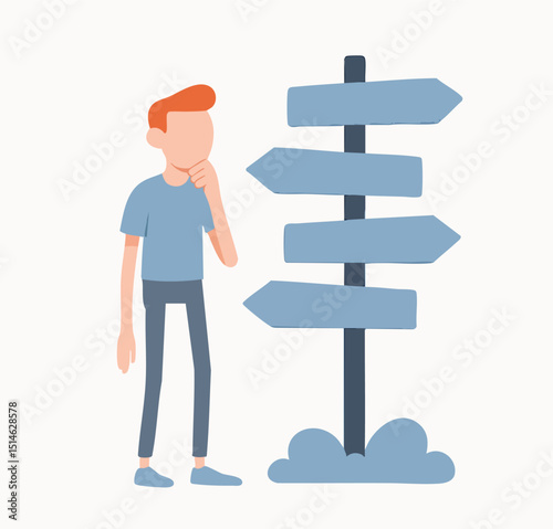 Flat Design Young Man Thinking Choosing Direction Sign Road Information Concept