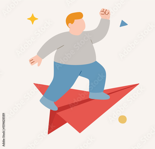 Flat Design Fat Man Riding a Paper Airplane Success Concept