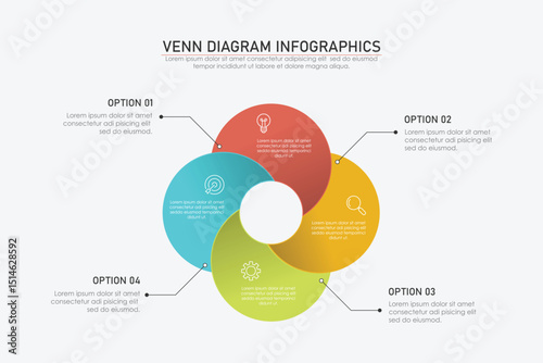 Venn diagram infographic chart template for business 3, 4 parts, options, presentation with venn diagram elements vector illustration.