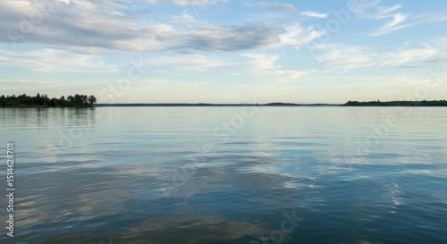Serene Lake Landscape - Calm lake water reflecting a tranquil sky with a distant shoreline. Perfect for nature, travel, or relaxation themes