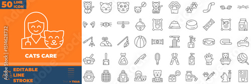 Cats Care Line Editable Icons set. Vector illustration in modern thin line style of cats care icons: accessories, toys, hygiene products, food, etc