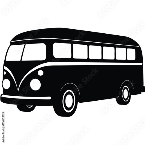 Classic Vintage Camper Van Silhouette Black and White Vector Illustration