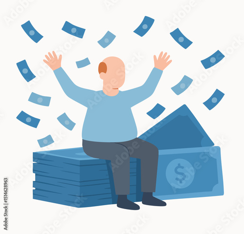 Flat Illustration Man Celebrating Financial Success with Money Rain Asset
