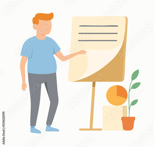 Minimalist Flat Illustration of a Businessman Giving a Presentation on Easel