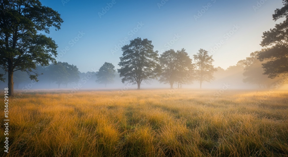 Serene Sunrise Meadow Landscape - Peaceful sunrise over a misty meadow, tall trees stand silhouetted, symbolizing tranquility, nature, peace, serenity, and renewal Serene Sunrise Meadow Landscape - Peaceful sunrise over a misty meadow, tall trees stand silhouetted, symbolizing tranquility, nature, peace, serenity, and renewal