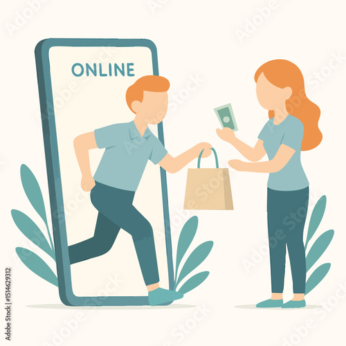 Flat Style Man Running Out of Smartphone To Receive Payment Illustration