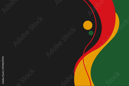 Juneteenth abstract background. Bold red, green, and yellow curves on black. Perfect for social media, presentations, and event flyers. Celebratory, powerful atmosphere for Juneteenth