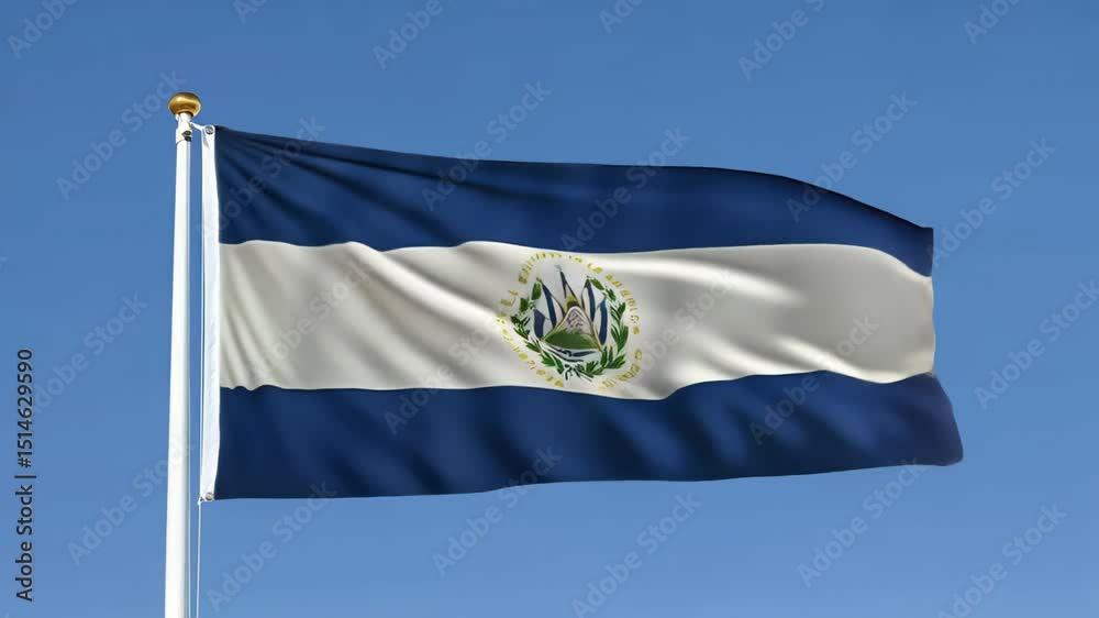 El Salvador flag waving proudly against a clear blue sky, displaying national identity and Latin American pride footage.