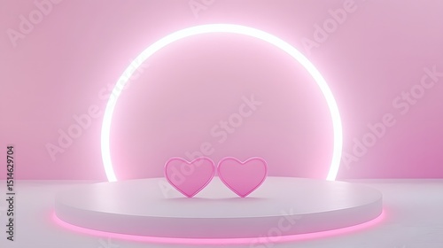 Pink Hearts on Minimalist Stage with Neon Light Circle