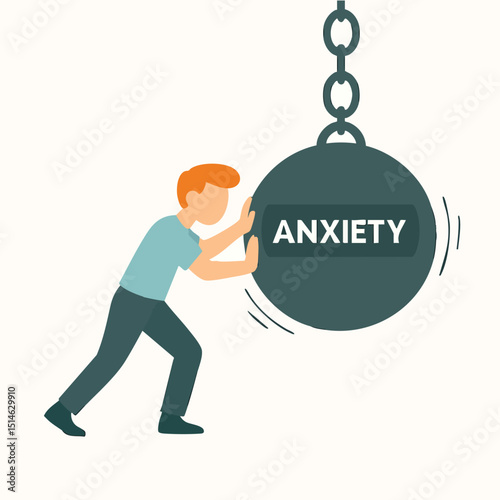 Flat Illustration Man Pushing Big Ball with Text Anxiety Stress Concept
