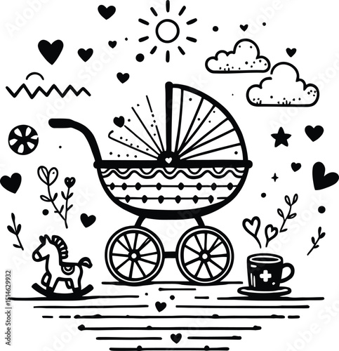 Cute baby carriage with hearts and rocking horse doodle vector illustration for nursery and baby shower