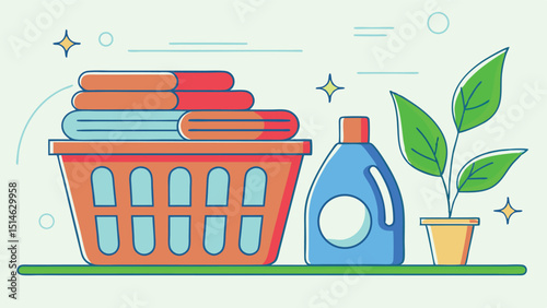 Cartoon laundry shows basket overflowing with folded clothes next to detergent and plant