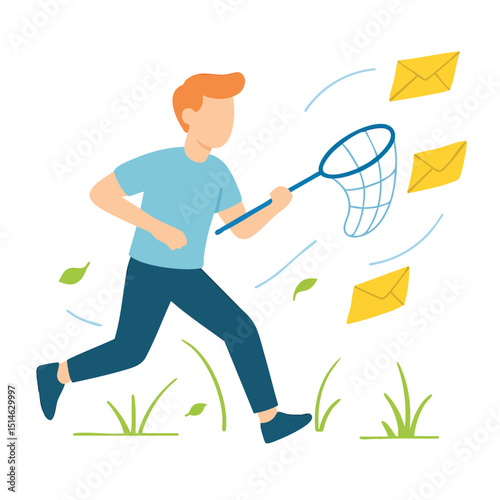 Flat Illustration Man Chasing Envelopes with Net Landing Page Concept