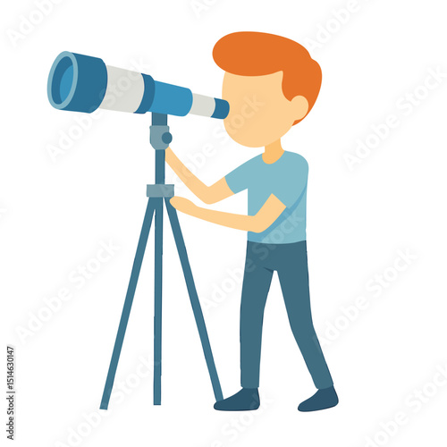 Flat Illustration Little Boy Using Telescope on Tripod Stand Observation