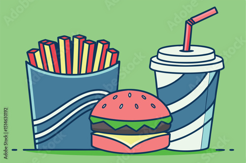 Colorful cartoon burger, fries, and soda are arranged on a solid green background