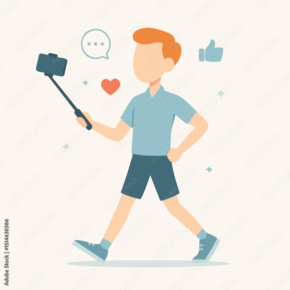Flat Style Detail Walking Man Taking Selfie with Smartphone Illustration Flat Style Detail Walking Man Taking Selfie with Smartphone Illustration