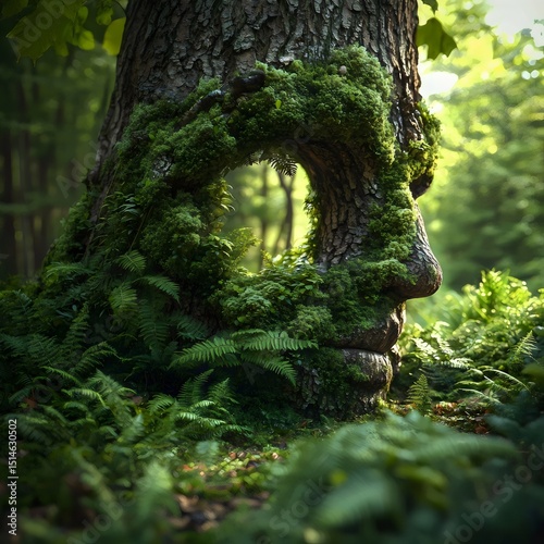 A captivating woodland scene featuring a tree with a moss-covered face carved into the bark, surrounded by lush ferns, evoking a sense of nature's enchantment.
