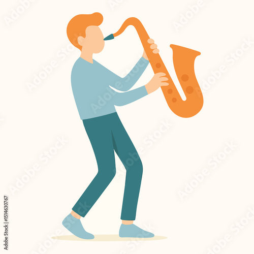 Flat Style Cartoon Man Playing Saxophone Musical Instrument Illustration