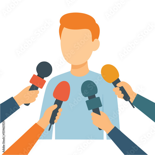 Flat Style Person Surrounded by Microphones News Interview Illustration