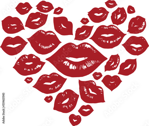 Romantic heart shape formed by multiple red lips vector illustration for Valentine's Day and love themes