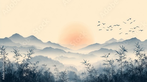  Digital Painting, East Asian Landscape, High Angle, Tranquility Concept.