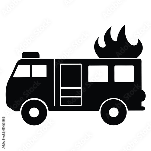 Black Silhouette Illustration of a Fire Truck with Flames