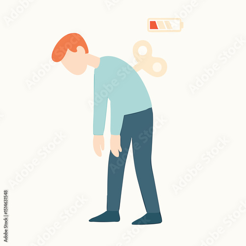 Flat Illustration Exhausted Man with Wind Up Key and Low Battery Icon