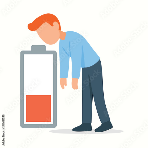 Flat Design Exhausted Man Leaning on Battery Energy Level Illustration
