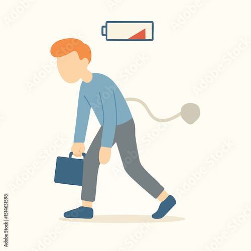 Flat Style Exhausted Businessman Carrying Briefcase with Low Battery Indicator Illustration