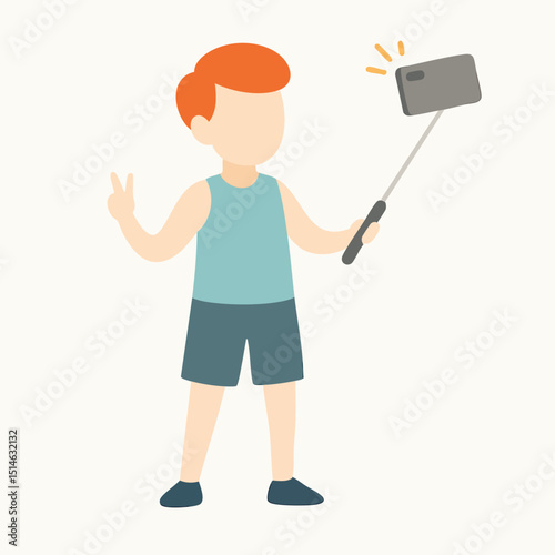 Flat Illustration of Young Boy Taking Selfie with a Mobile Phone Stick
