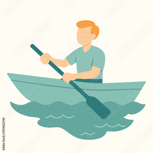 Flat Style Man Rowing a Boat on Water Recreation Illustration