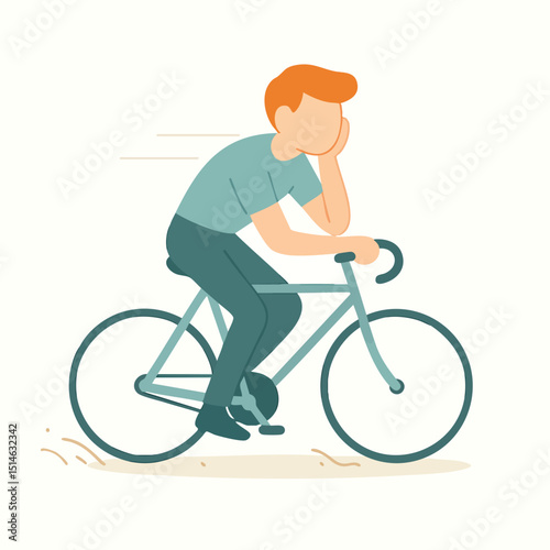 Flat Illustration of Man Riding Bicycle with Bored Expression Outdoor