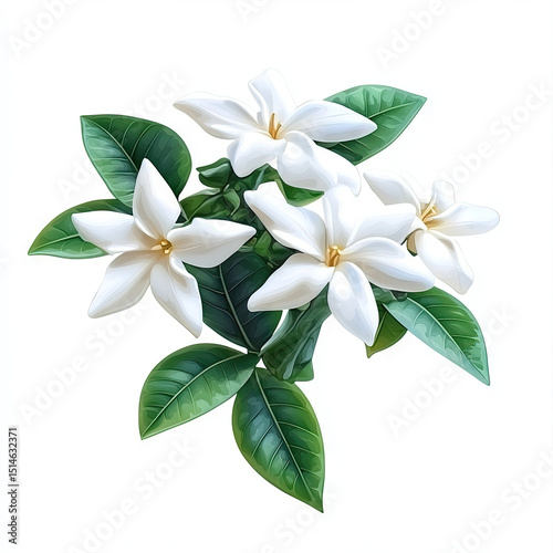 Close-up of white jasmine flowers and leaves