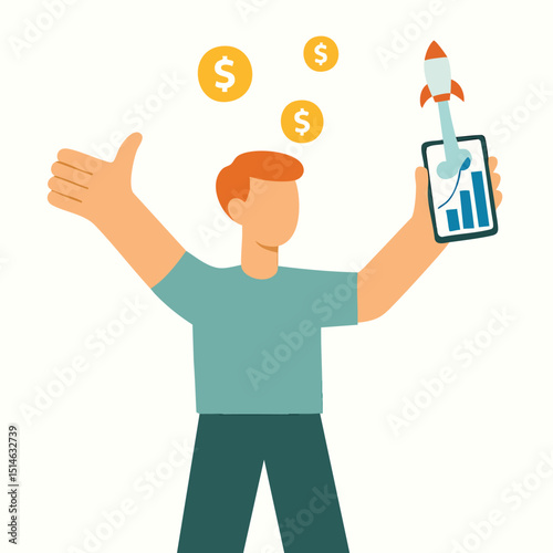 Flat Style Illustration Mobile Application Rocket Launch Financial Investment Graphic
